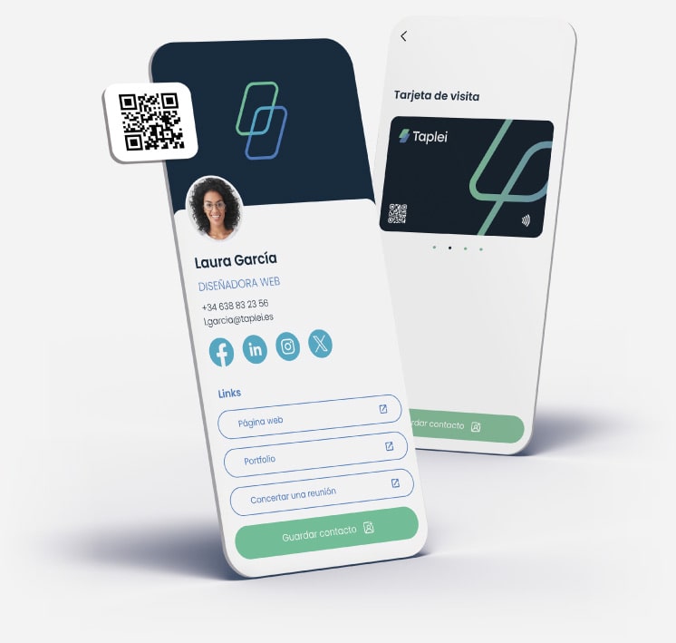 Ejemplo de un perfil público de una tarjeta de visita virtual de Taplei, con foto, datos de contacto y código QR para compartir.