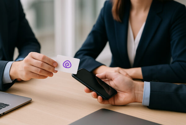 Profesionales haciendo networking en un evento e intercambiando contactos con una tarjeta de visita digital Taplei