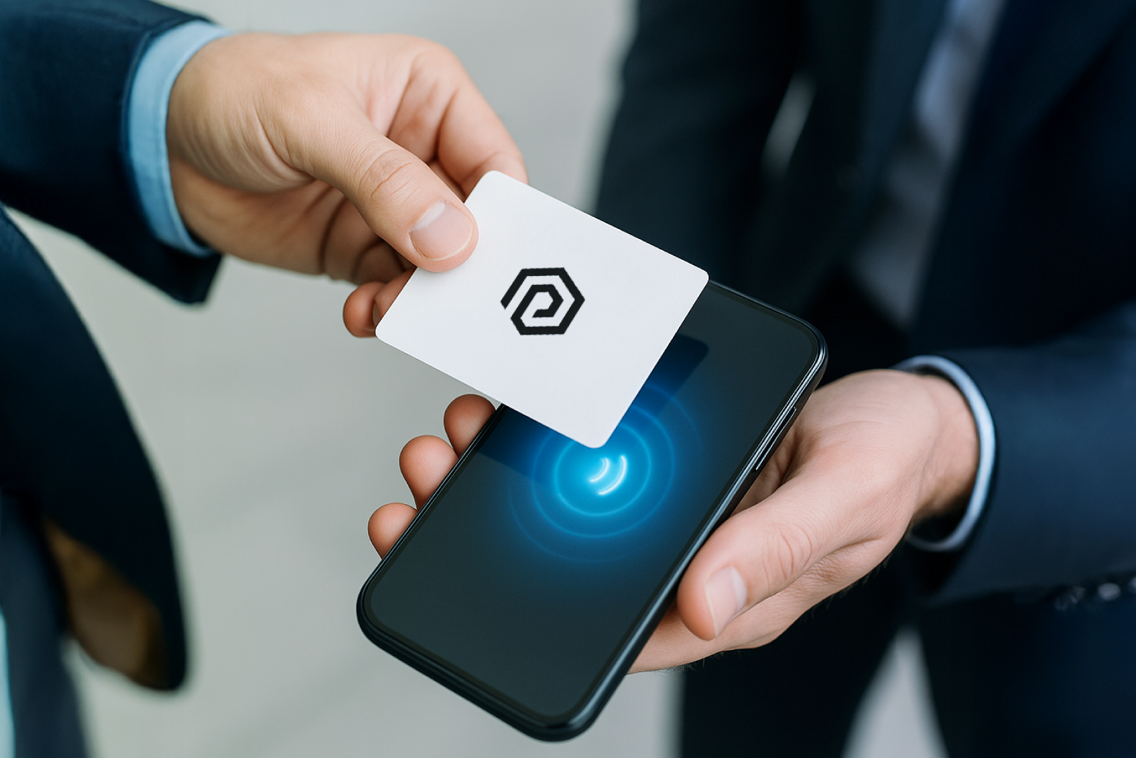 Una persona usando una tarjeta de visita NFC para compartir su perfil digital en un smartphone, ilustrando la guía completa de Taplei.